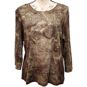 Jess and Jane Womens Brown Graphic Long Sleeve Shirt XL Sequin Chocolate Theme